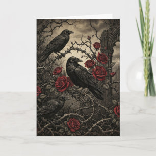 Romantic Halloween Gothic Ravens and Red Roses Card