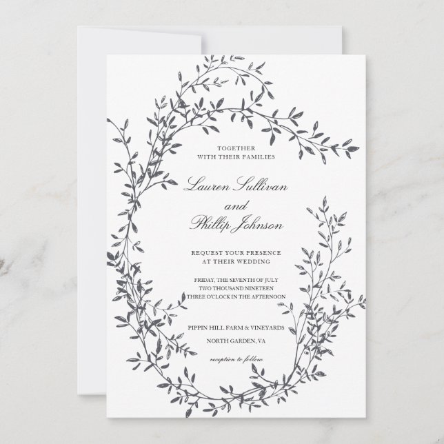Romantic Hand Drawn Fine Art Floral Wreath Wedding Invitation (Front)