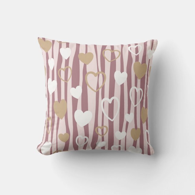 Romantic Hand-Drawn Hearts & Organic Stripes Throw Cushion (Front)