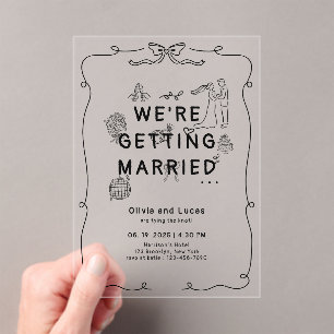 Romantic Hand Drawn Whimsical Black White Wedding Acrylic Invitations