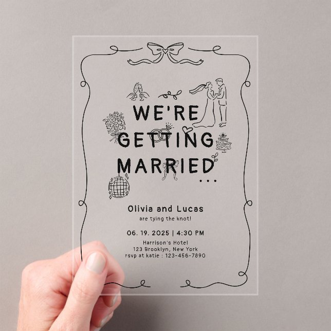Romantic Hand Drawn Whimsical Black White Wedding Acrylic Invitations (Insitu (Handheld))