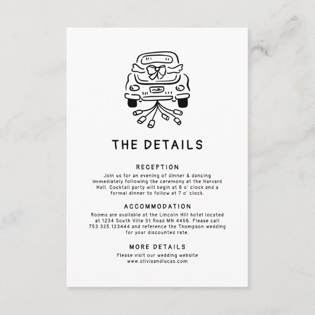 Romantic Hand Drawn Whimsical Wedding Details Enclosure Card (Front)