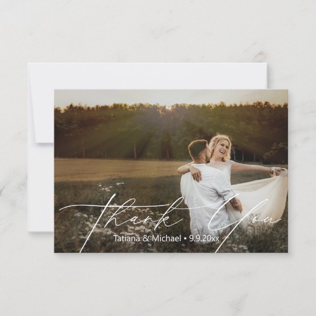 Romantic Hand Lettered Script Wedding Photo Thank You Card (Front)