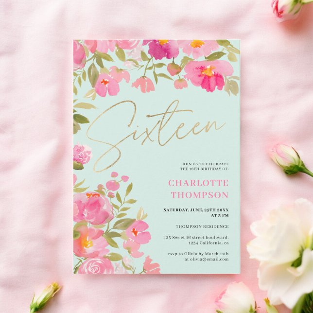 Romantic Hand-Painted Pink Floral mint Sweet 16 Invitation (Romantic Hand-Painted Pink Floral mint Sweet 16 Invitation)