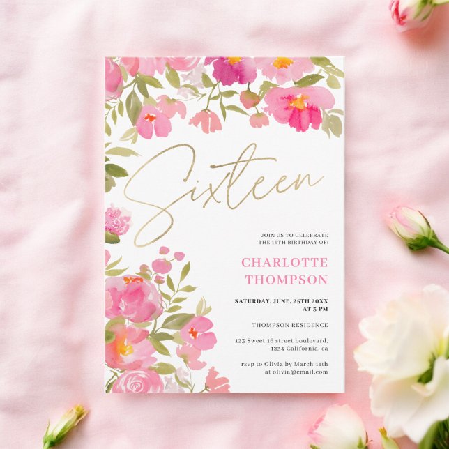 Romantic Hand-Painted Pink Floral photo Sweet 16 Invitation (Romantic Hand-Painted Pink Floral photo Sweet 16 Invitation)