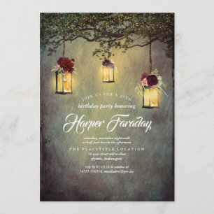 Romantic Hanging Lantern Burgundy Rustic Birthday Invitation