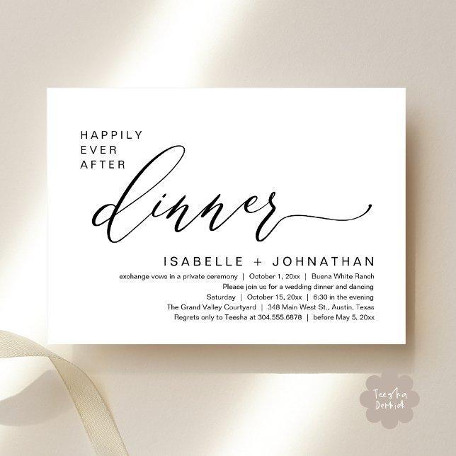 Romantic Happily Ever After Dinner Elopement Party Invitation (Romantic Modern Happily Ever After Party Elopement Dinner Invitation Card PDF in Classy Black White)