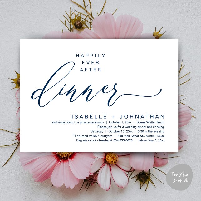 Romantic Happily Ever After Dinner Elopement Party Invitation (Romantic Modern Happily Ever After Party Elopement Dinner Invitation Card PDF in Classy Navy Blue)