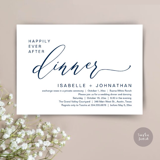 Romantic Happily Ever After Dinner Elopement Party Invitation (Romantic Modern Happily Ever After Party Elopement Dinner Invitation Card PDF in Classy Navy Blue)
