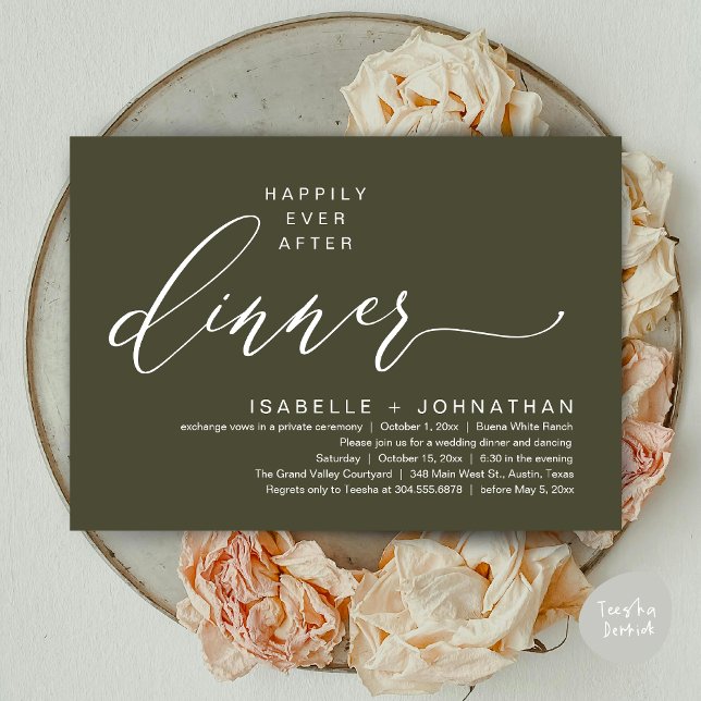 Romantic Happily Ever After Dinner Elopement Party Invitation (Romantic Modern Happily Ever After Party Elopement Dinner Invitation Card PDF in Rustic Olive Green)