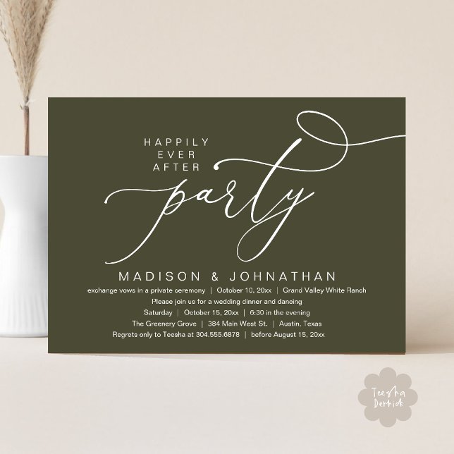 Romantic Happily Ever After Party, Wedding Dinner Invitation (Happily Ever After Party, Romantic Wedding Dinner Invitation Card PDF aesthetic Rustic Olive Green)