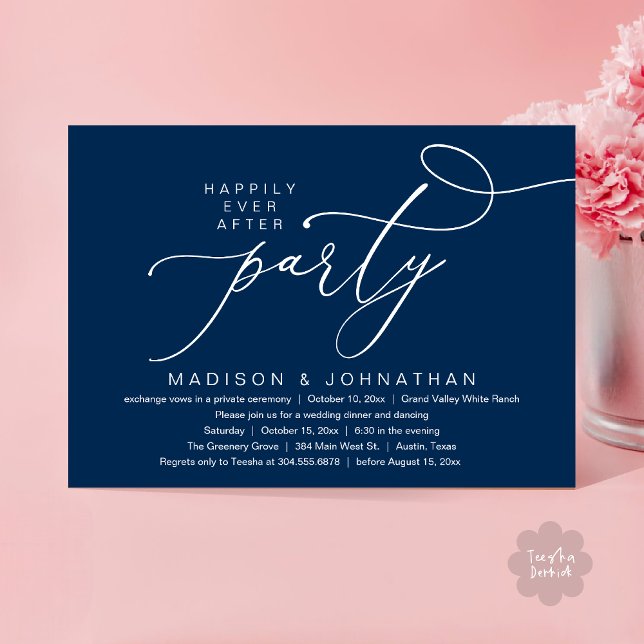 Romantic Happily Ever After Party, Wedding Dinner Invitation (Happily Ever After Party, Romantic Wedding Dinner Invitation Card PDF aesthetic Classy Navy Blue)