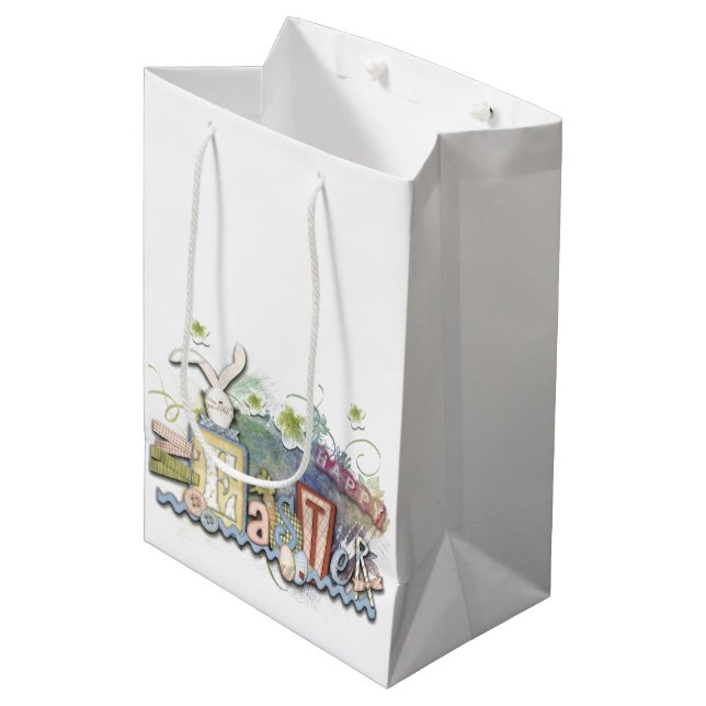 Romantic Happy Easter Bunny Greeting Cute Text Medium Gift Bag (Front Angled)