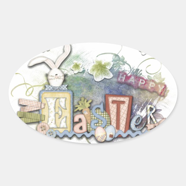 Romantic Happy Easter Bunny Greeting Cute Text Oval Sticker (Front)