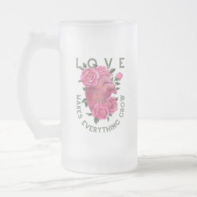 Romantic Heart and Roses Growth Message Frosted Glass Beer Mug (Left)