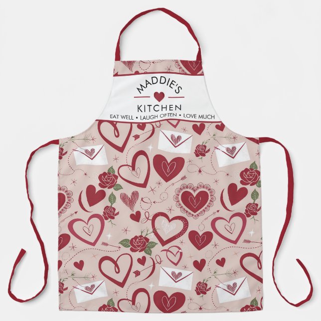 Romantic Heart and Roses Seamless Pattern Design Apron (Front)