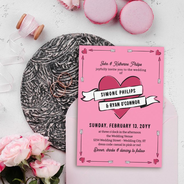 Romantic Heart Arrows & Ribbon Casual Wedding Invitation (Creator Uploaded)