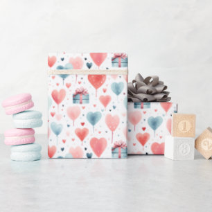 Romantic Heart Balloons & Gifts Watercolor Pattern Wrapping Paper