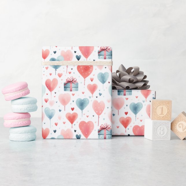 Romantic Heart Balloons & Gifts Watercolor Pattern Wrapping Paper (Baby Shower)