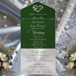 Romantic Heart & Calligraphy - Emerald/Silver All In One Invitation