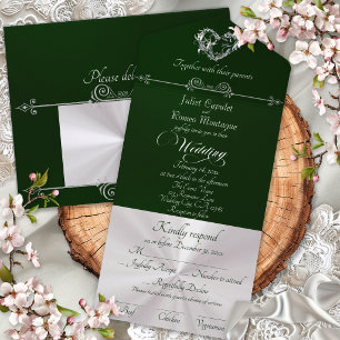 Romantic Heart & Calligraphy - Emerald/Silver All In One Invitation
