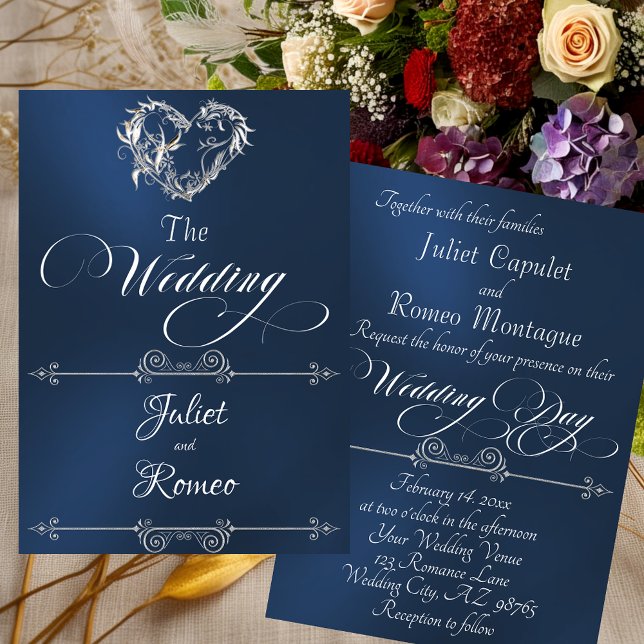 Romantic Heart & Calligraphy on Blue - Wedding Invitation (Creator Uploaded)