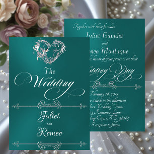 Romantic Heart & Calligraphy on Teal - Wedding Invitation