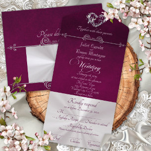 Romantic Heart & Calligraphy - Purple/Silver All In One Invitation