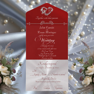 Romantic Heart & Calligraphy - Red/Silver All In One Invitation