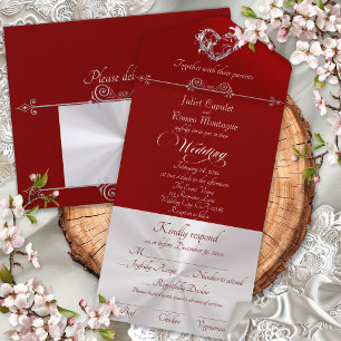 Romantic Heart & Calligraphy - Red/Silver All In One Invitation