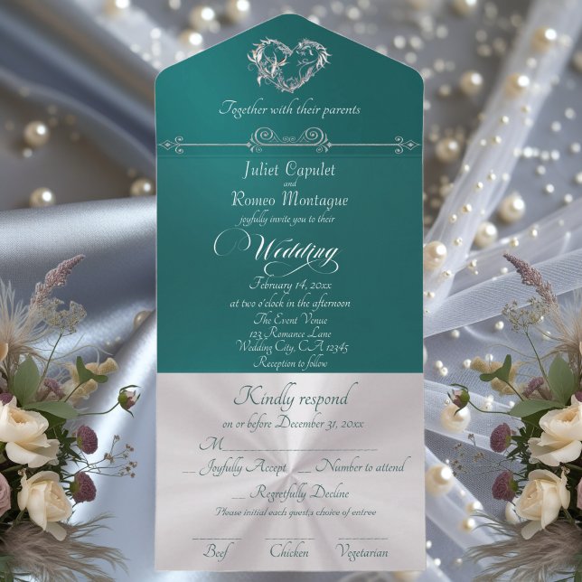 Romantic Heart & Calligraphy - Teal/Silver All In One Invitation (Creator Uploaded)
