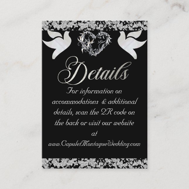 Romantic Heart, Dove & Glitter, QR Code on Black Enclosure Card (Front)