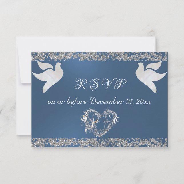 Romantic Heart, Doves & Glitter - Blue RSVP Card (Front)