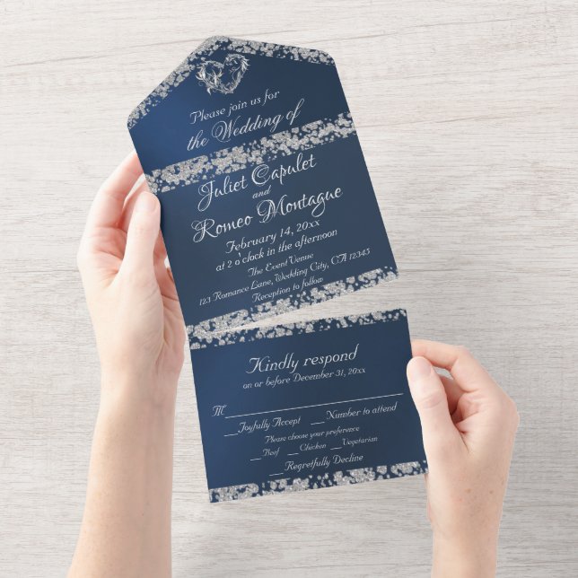 Romantic Heart & Glitter on Blue All In One Invitation (Tearaway)