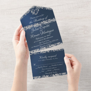 Romantic Heart & Glitter on Blue All In One Invitation