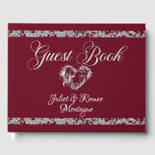 Romantic Heart & Glitter on Burgundy Guest Book