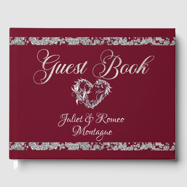Romantic Heart & Glitter on Burgundy Guest Book (Front)