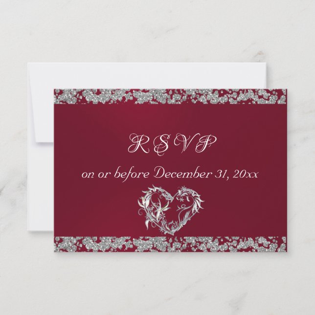 Romantic Heart & Glitter on Burgundy RSVP Card (Front)