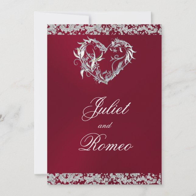Romantic Heart & Glitter on Burgundy Wedding Invitation (Front)