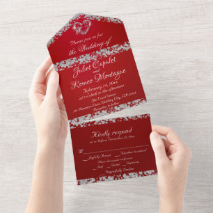 Romantic Heart & Glitter on Crimson All In One Invitation