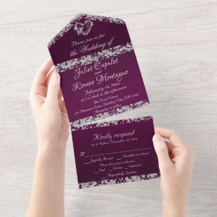 Romantic Heart & Glitter on Plum All In One Invitation