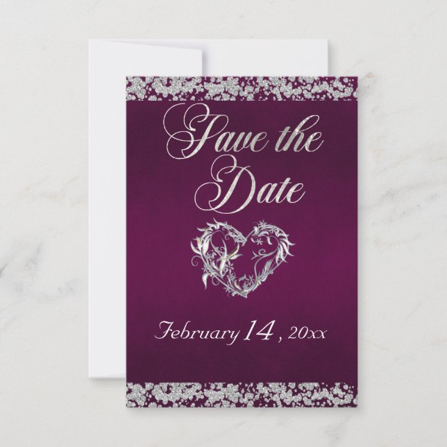 Romantic Heart & Glitter on Plum Save The Date (Front)