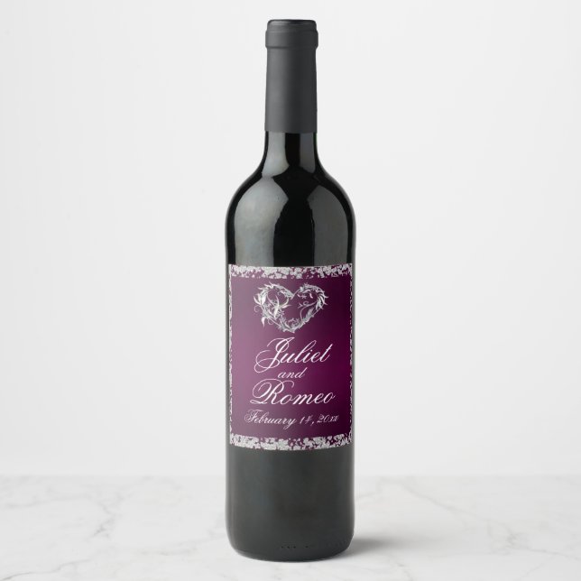 Romantic Heart & Glitter on Plum Wine Label (Front)