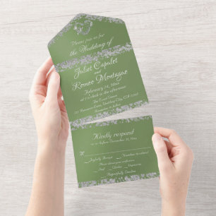 Romantic Heart & Glitter on Sage Green All In One Invitation