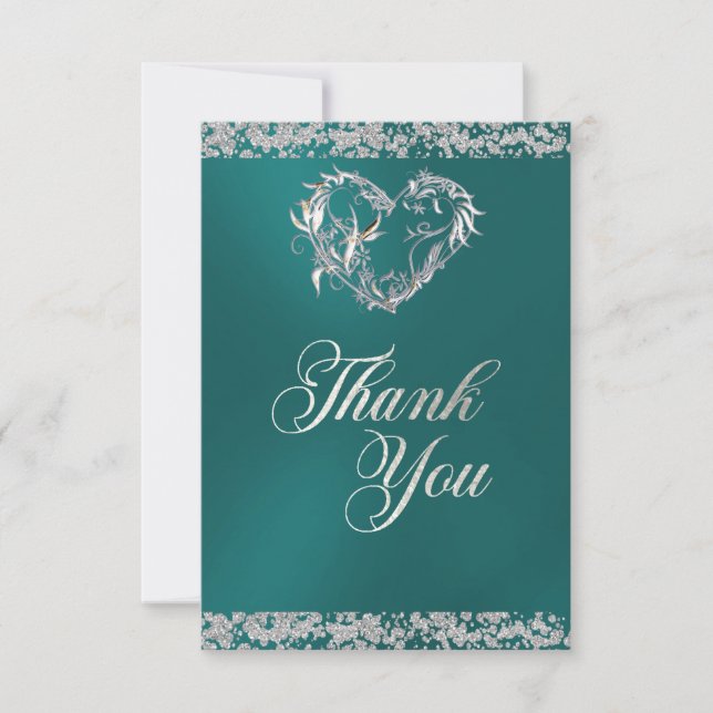 Romantic Heart & Glitter on Teal Thank You Card (Front)