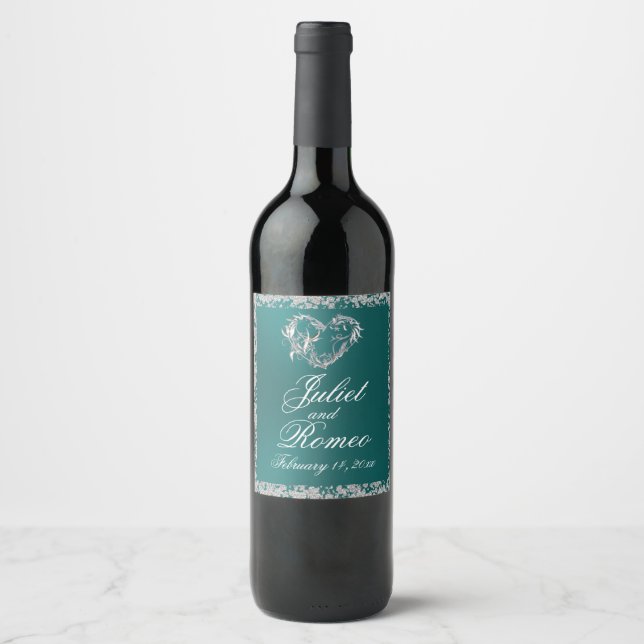 Romantic Heart & Glitter on Teal Wine Label (Front)