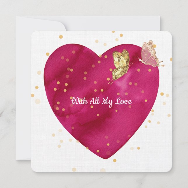 Romantic Heart & Gold Butterfly Valentine Card (Front)