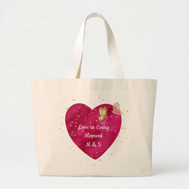 Romantic Heart & Golden Butterfly Valentine  Large Tote Bag (Front)