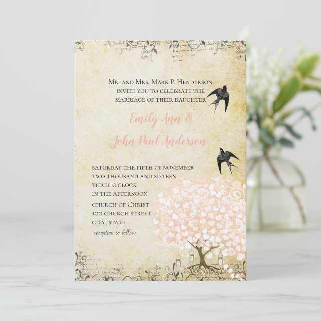 Romantic Heart Leaf Blush Pink Love Bird Wedding Invitation (Standing Front)