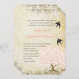 Romantic Heart Leaf Blush Pink Love Bird Wedding Invitation